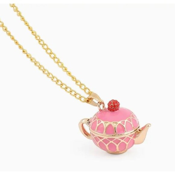 Teapot Locket Opens Pink Enamel Sparkly Cherry Necklace - Picture 2 of 9